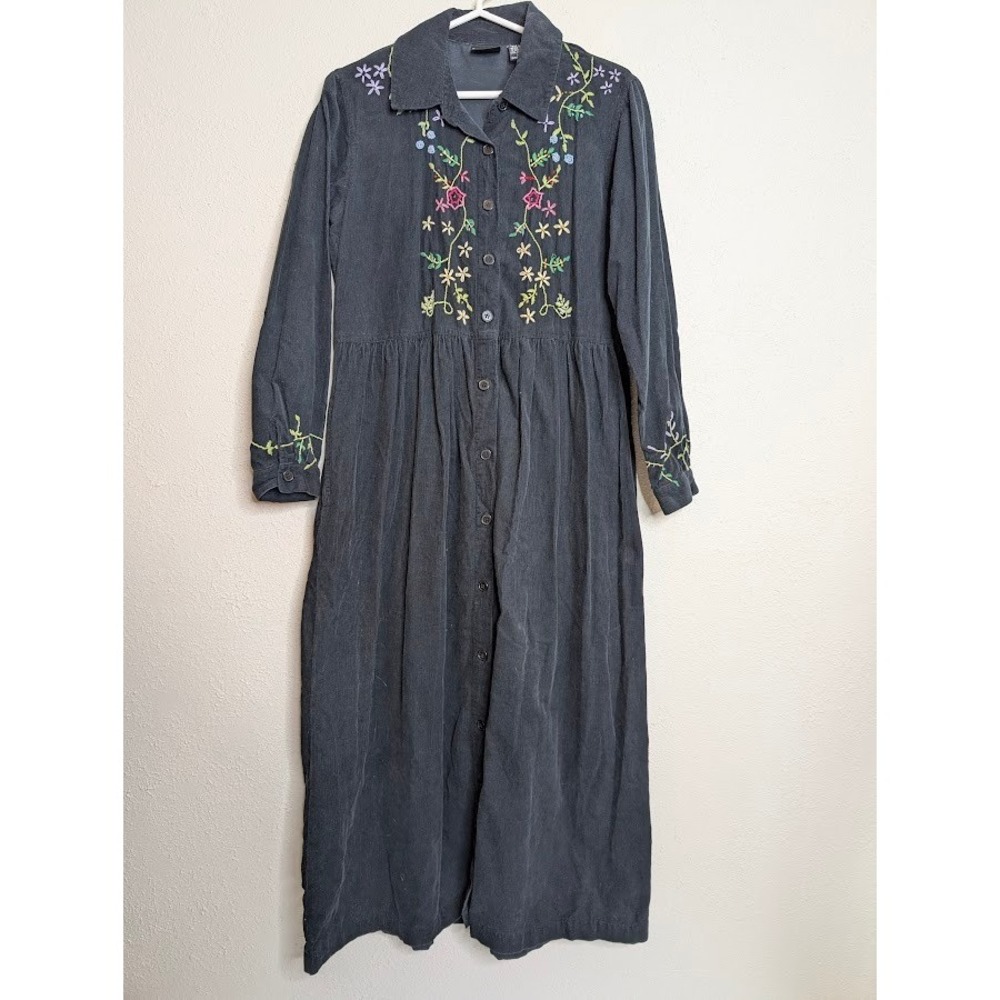 Crossing‎ Pointe Womens M Embroidered Maxi Dress Black Button Front Corduroy